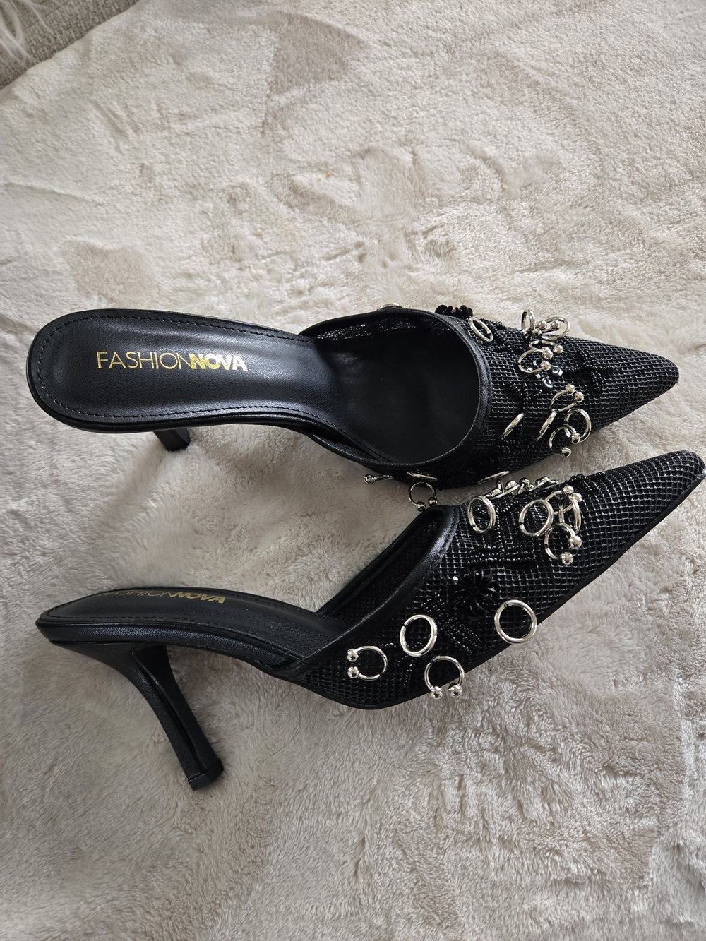 Fashion Nova Black Embellished Pointed Toe Mule Heels